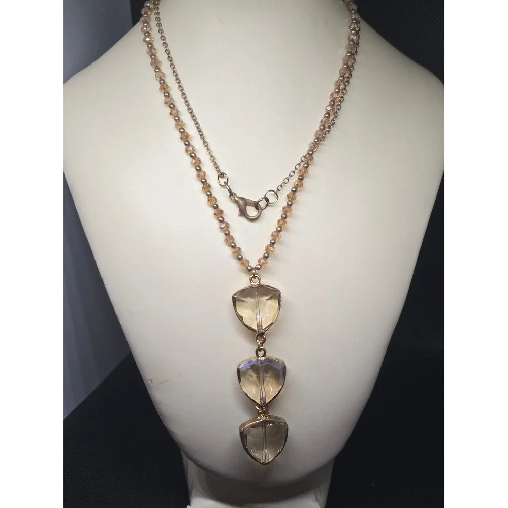 Vintage Estate Aquired Champagne Crystal Triple Drop Necklace Chain Gold Tone